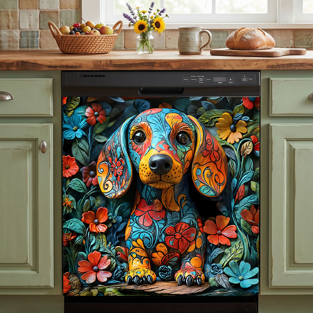 Dachshund Magnetic Dishwasher Cover Whimsical Dachshund Garden