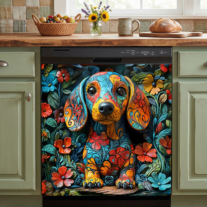 Dachshund Magnetic Dishwasher Cover Whimsical Dachshund Garden