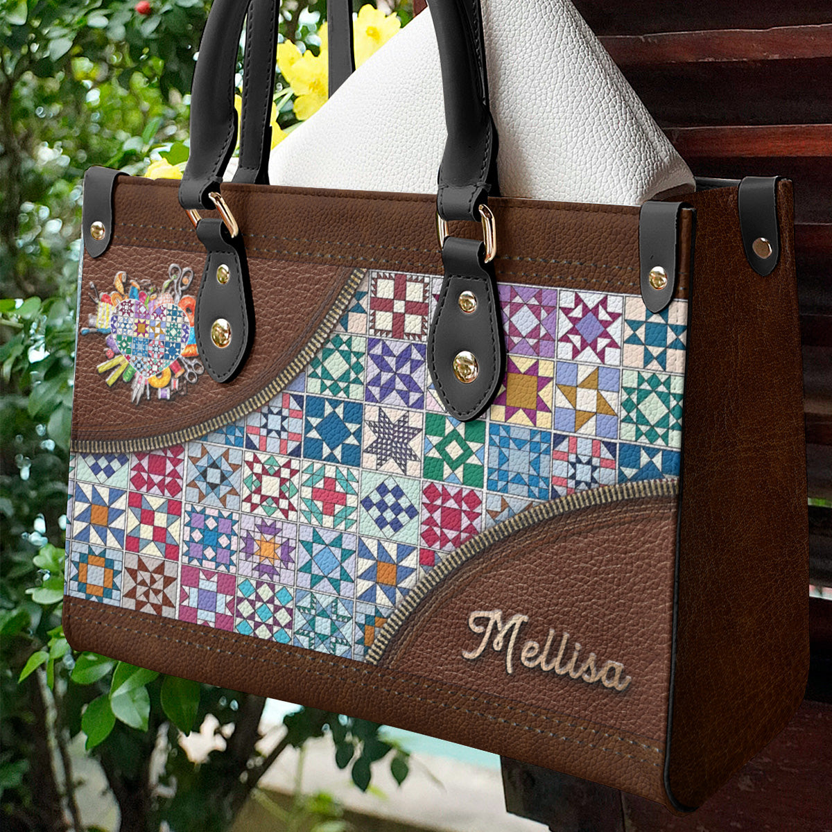 Sewing Lover Leather Handbag Personalized Traditional Quilt Blocks