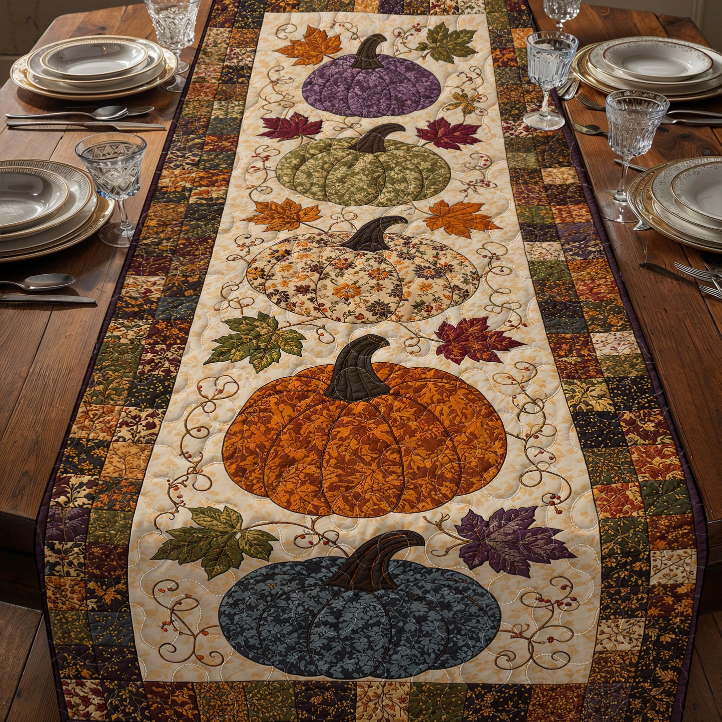 Fall Pumpkin Patchwork Quilted Table Runner