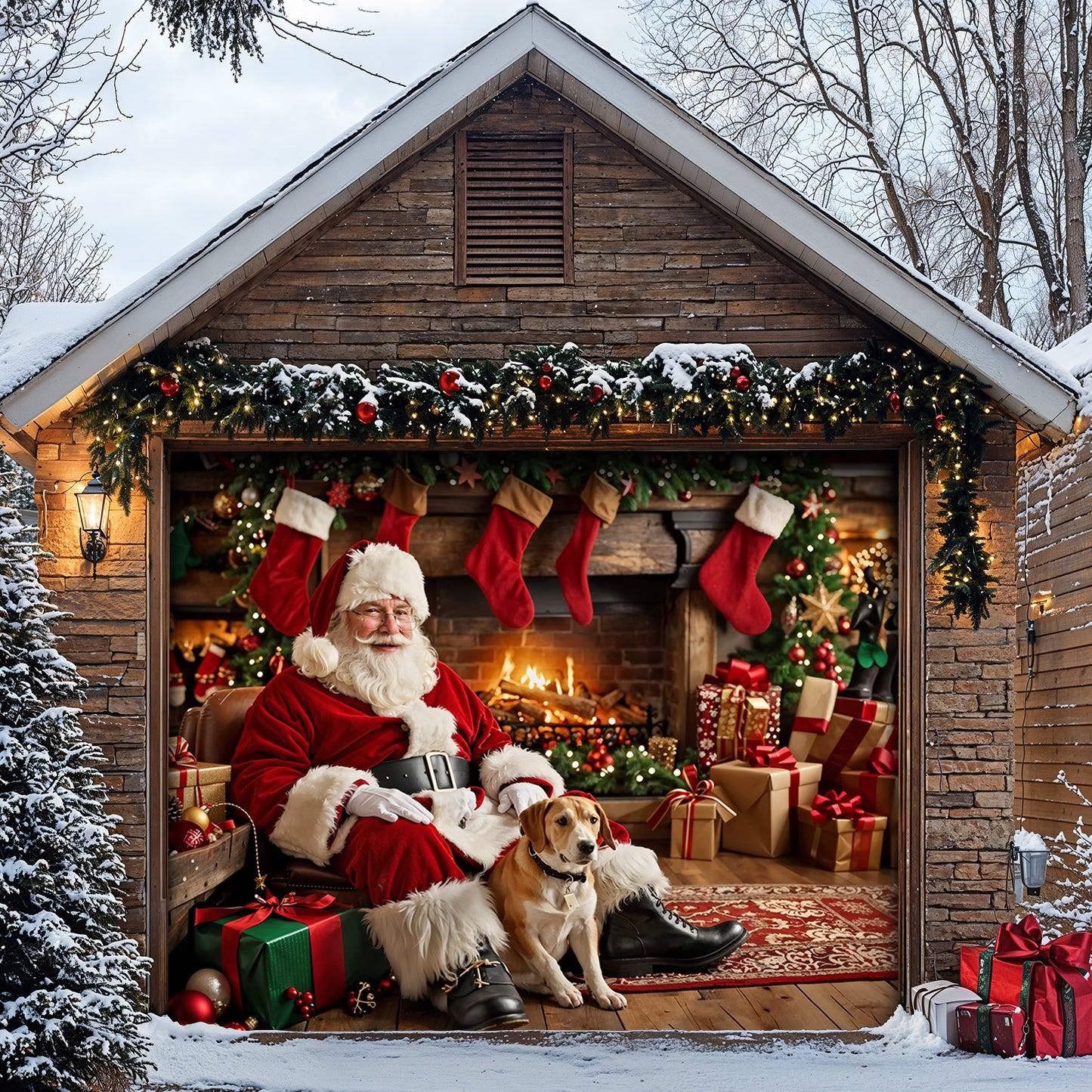 Christmas Garage Door Banner Decoration - Warm Wishes by the Fireplace