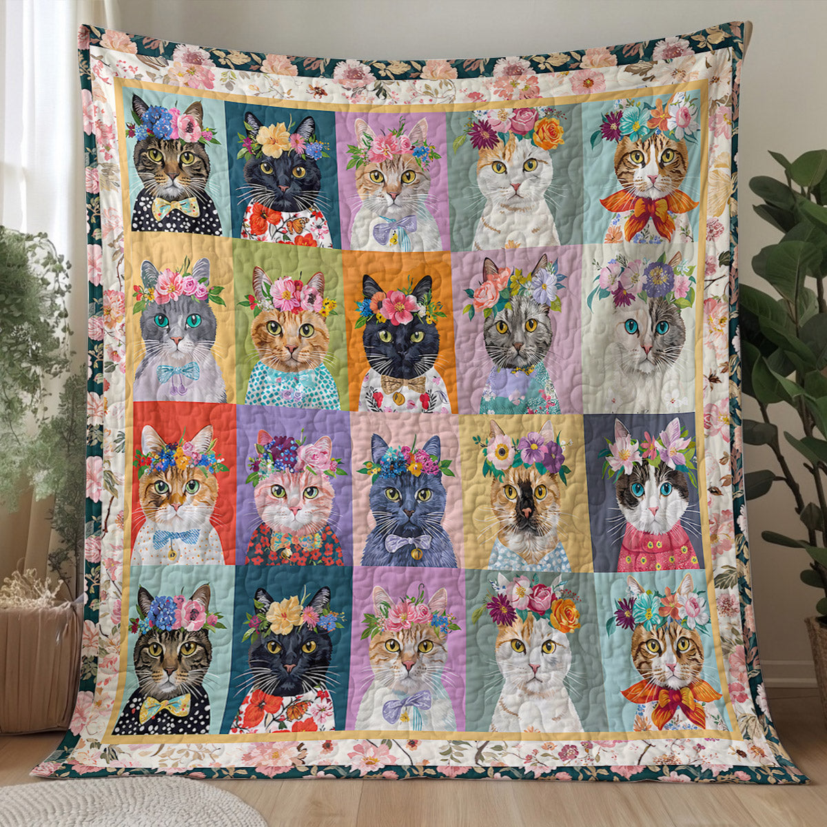 Cat Quilted Blanket Floral Cat Fantasy