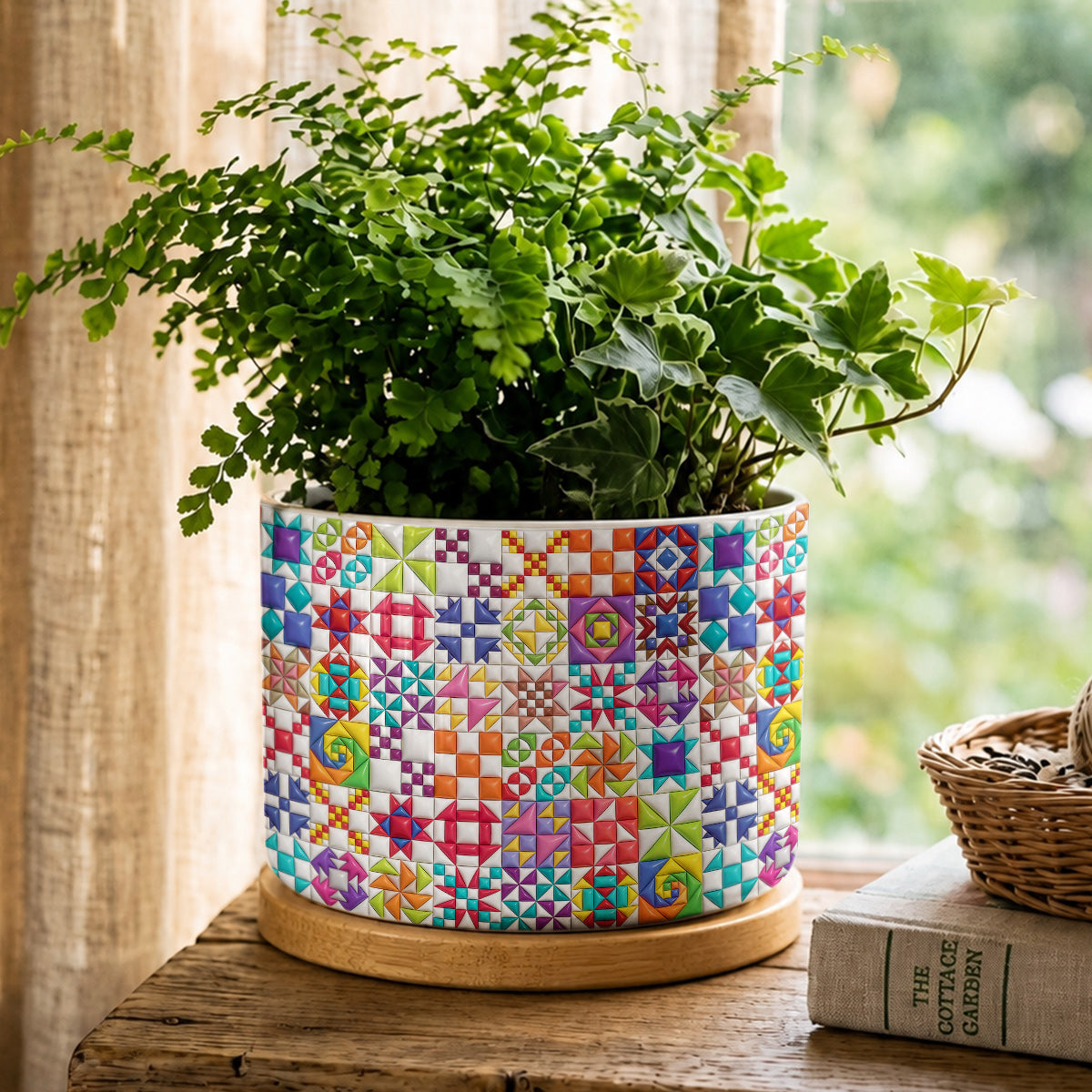 Sewing Lover Ceramic Plant Pot with Bamboo Tray Colorful Quilt Blocks