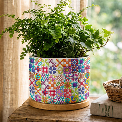 Sewing Lover Ceramic Plant Pot with Bamboo Tray Colorful Quilt Blocks