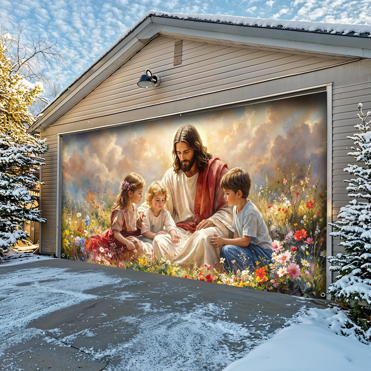 God Garage Door Banner Decoration - Jesus and the Little Ones In the Wildflower Meadow