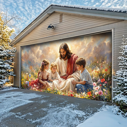 God Garage Door Banner Decoration - Jesus and the Little Ones In the Wildflower Meadow