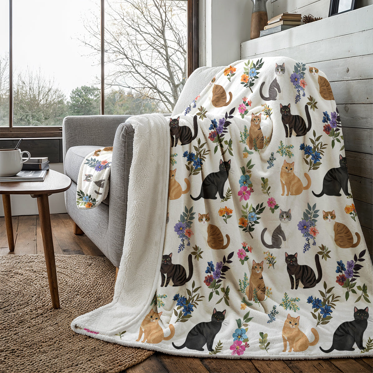 Cat Fleece Blanket Cute Floral Cats