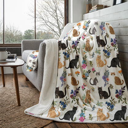 Cat Fleece Blanket Cute Floral Cats