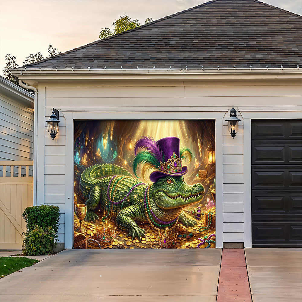 Mardi Gras Garage Door Banner Decoration - Mardi Gras Alligator’s Fortune