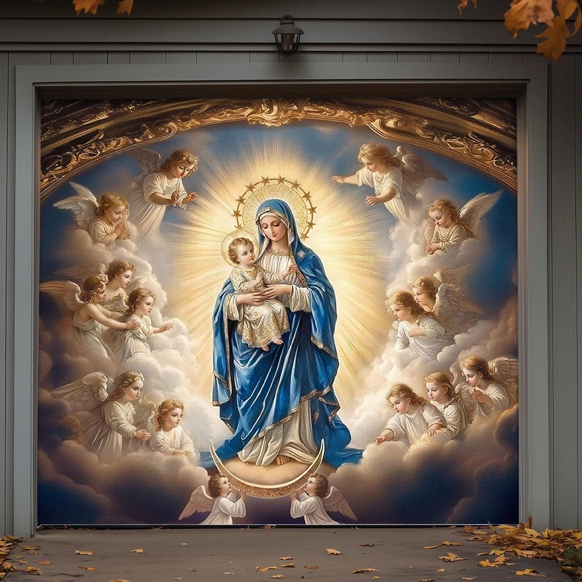 God Garage Door Banner Decoration -  Mary and the Child Jesus in Heavenly Radiance
