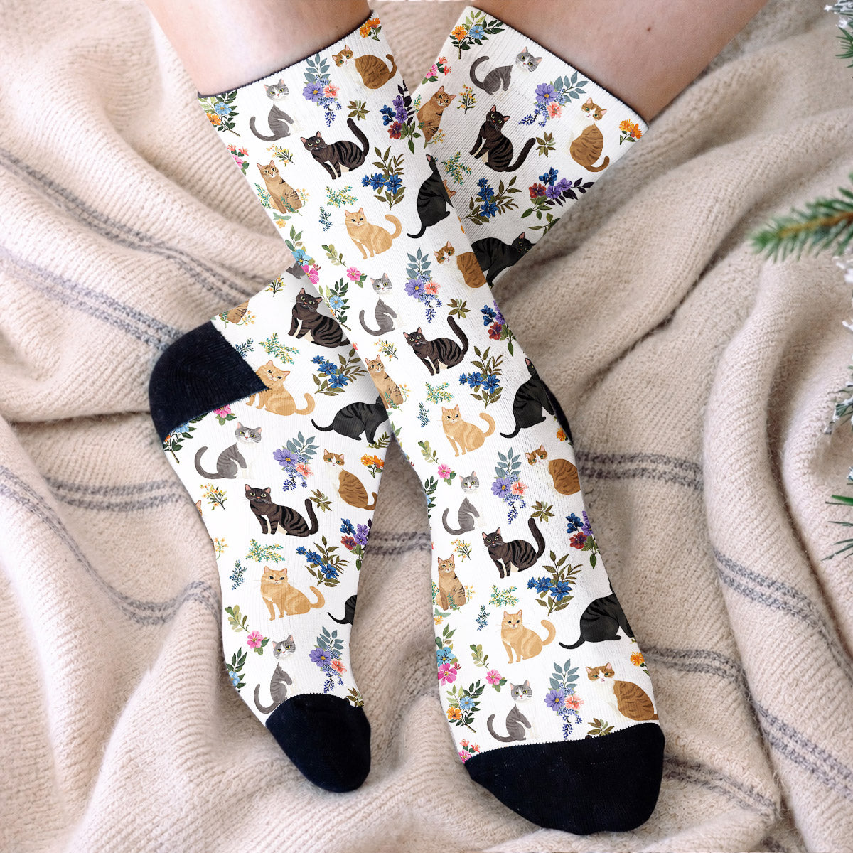 Cat Crew Socks Cute Floral Cats