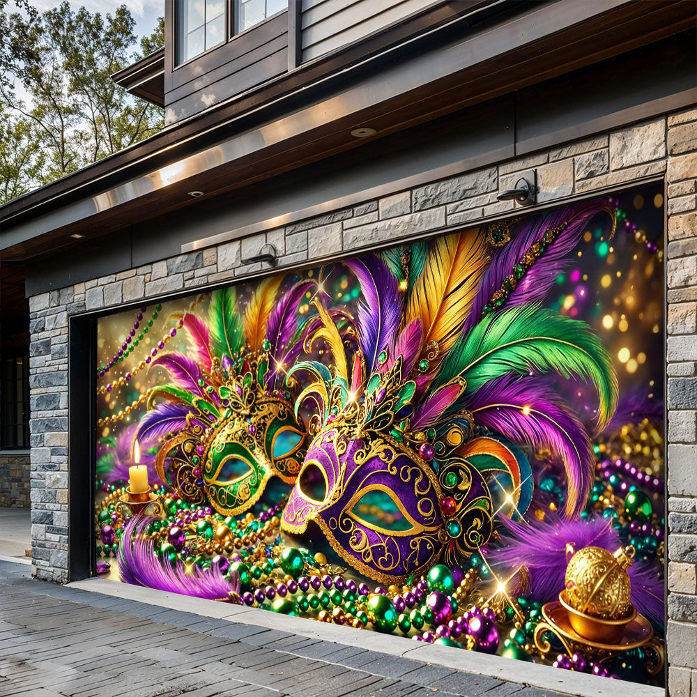 Mardi Gras Garage Door Banner Decoration - Opulent Feather Masque