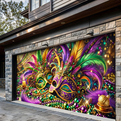 Mardi Gras Garage Door Banner Decoration - Opulent Feather Masque