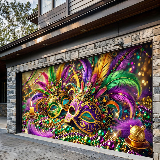 Mardi Gras Garage Door Banner Decoration - Opulent Feather Masque