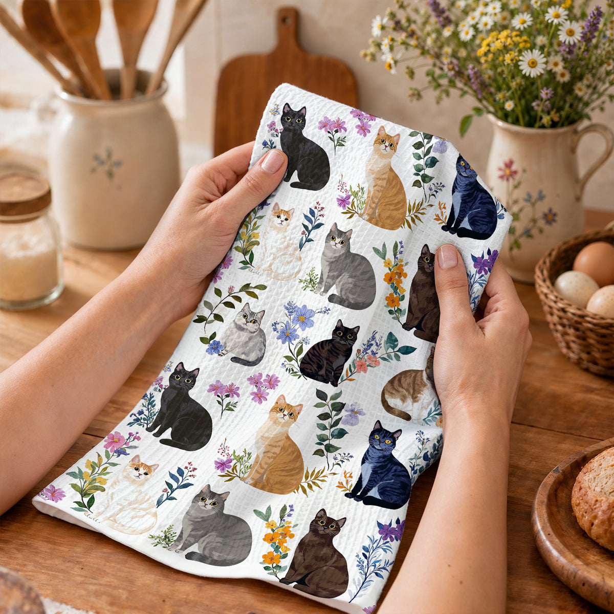 Cat Kitchen Towel Charming Floral Cats
