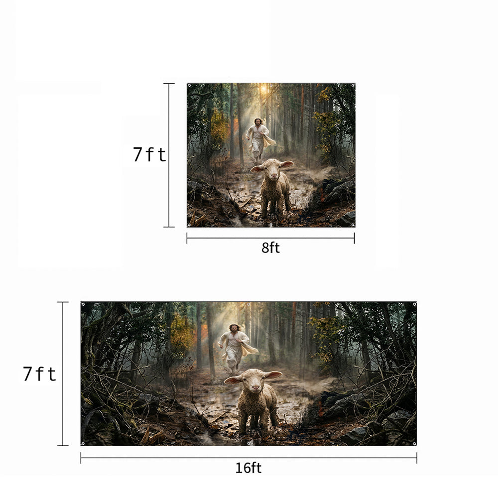 God Garage Door Banner Decoration - Jesus Running After a Lost Lamb