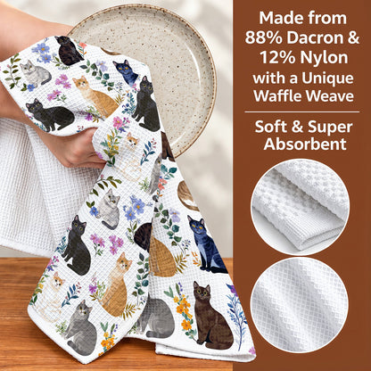 Cat Kitchen Towel Charming Floral Cats