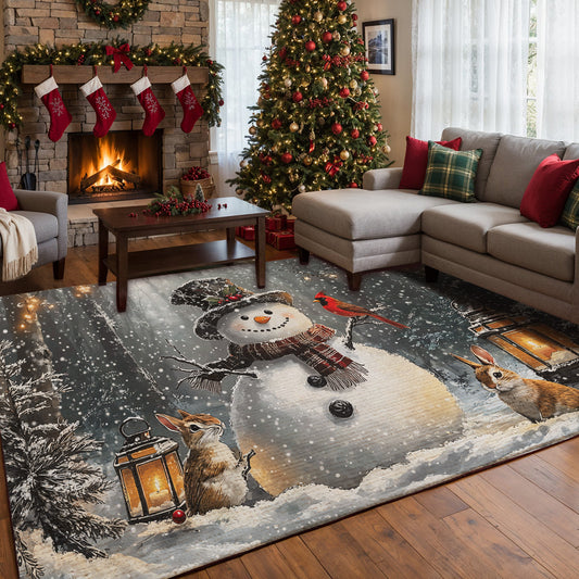 Christmas Area Rug Winter Forest Snowman Gathering with Bunnies and Cardinals
