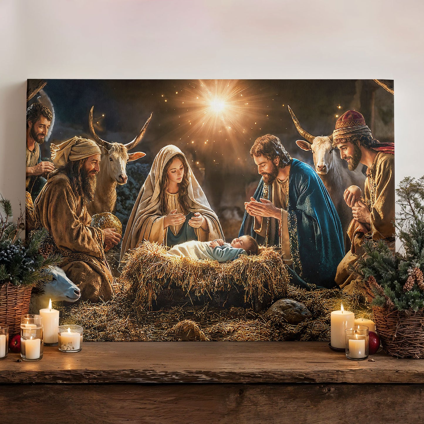 God Wooden-Framed Canvas Wall Art A Holy Night in Warm Light