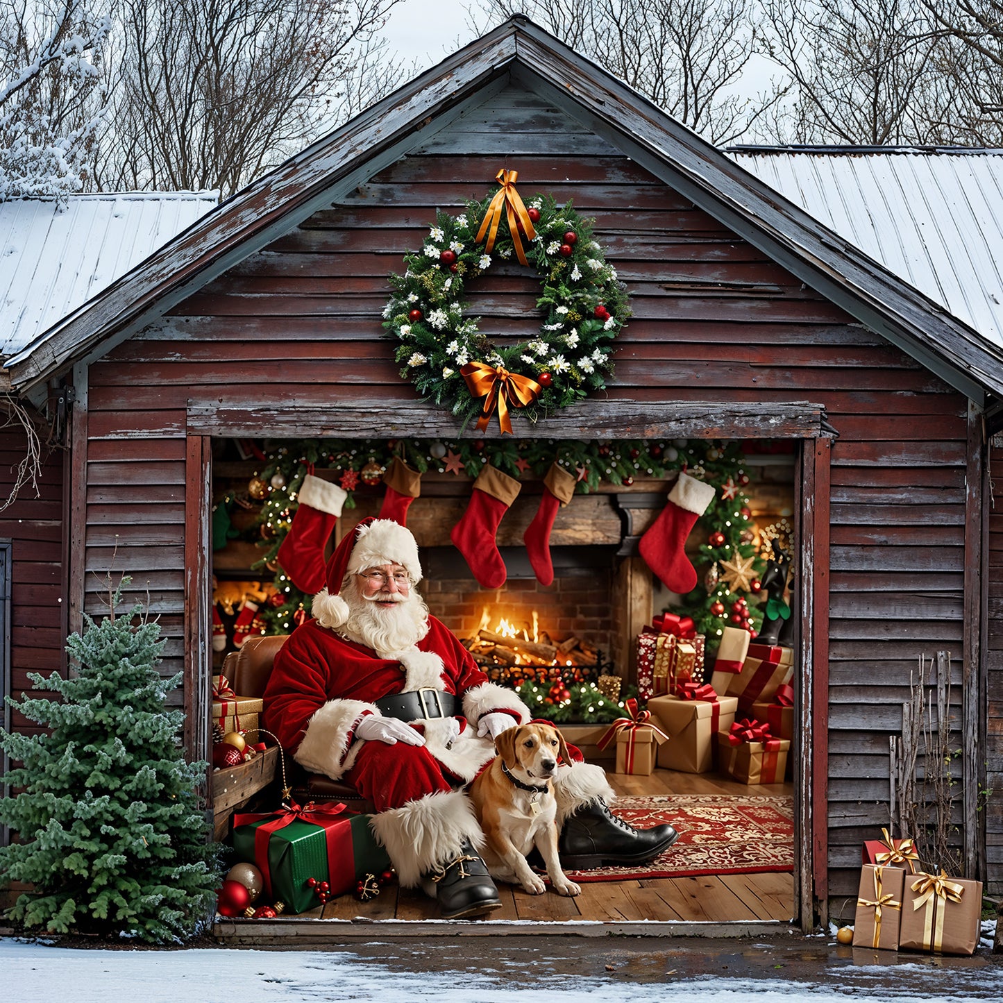 Christmas Garage Door Banner Decoration - Warm Wishes by the Fireplace