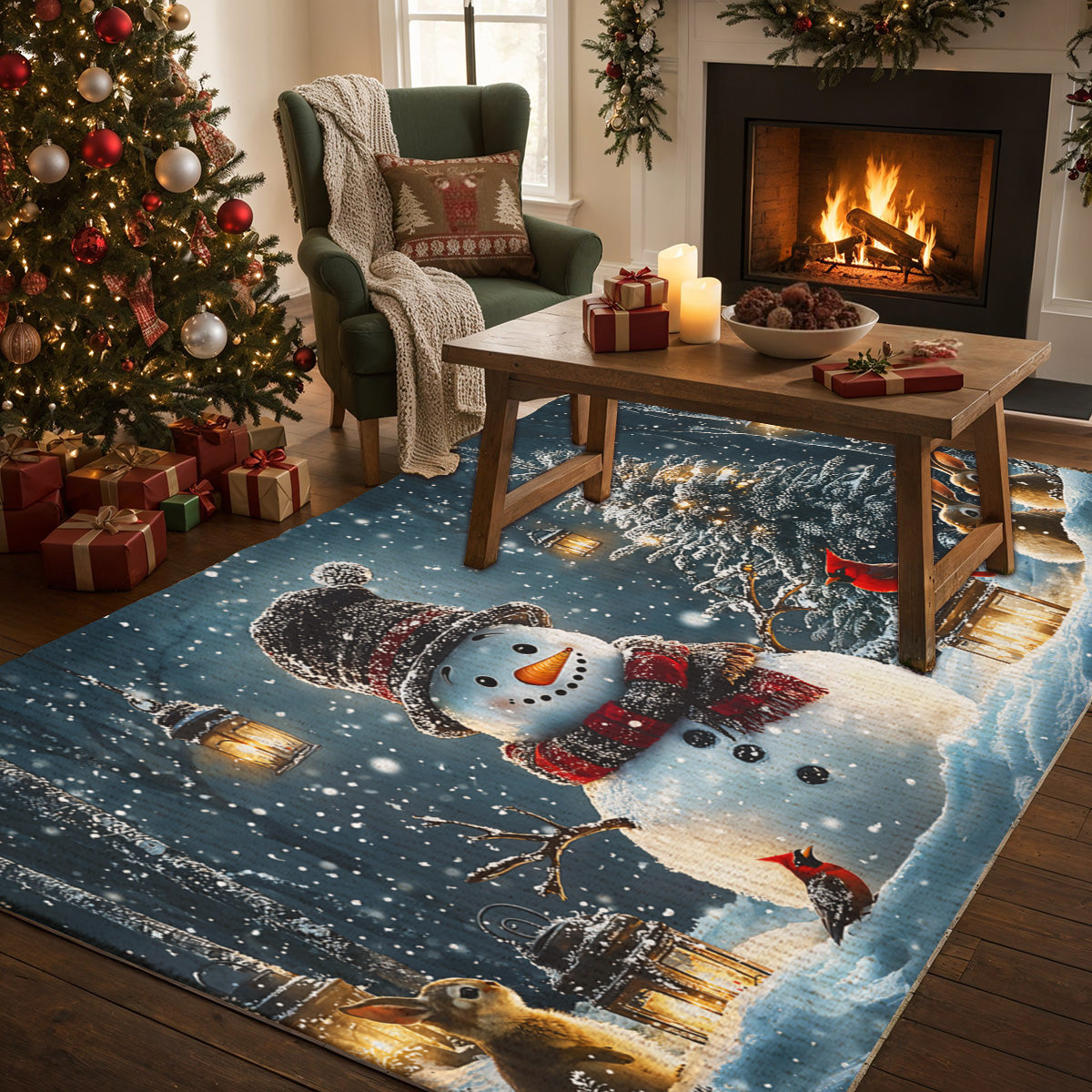Christmas Area Rug Snowman and Forest Companions in a Lantern Lit Winter Scene