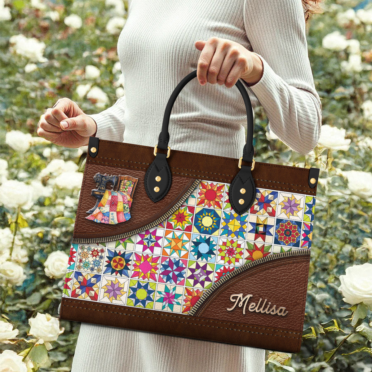 Sewing Lover Leather Handbag Personalized Colorful Quilt Blocks