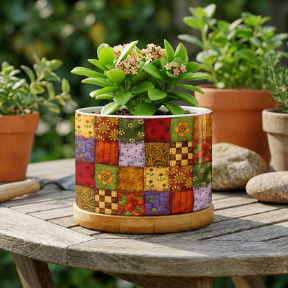 Autumn Quilt Blooms Ceramic Plant Pot with Bamboo Tray