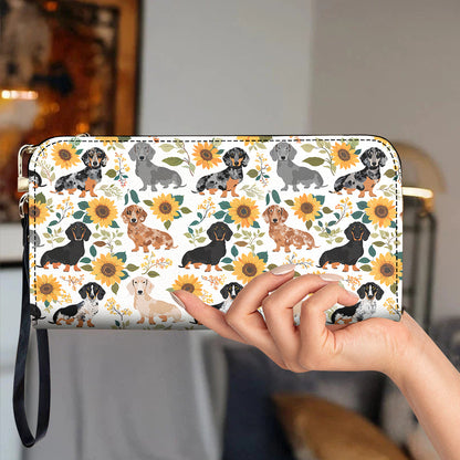 Dachshund Leather Wallet Dachshunds Among Sunflowers