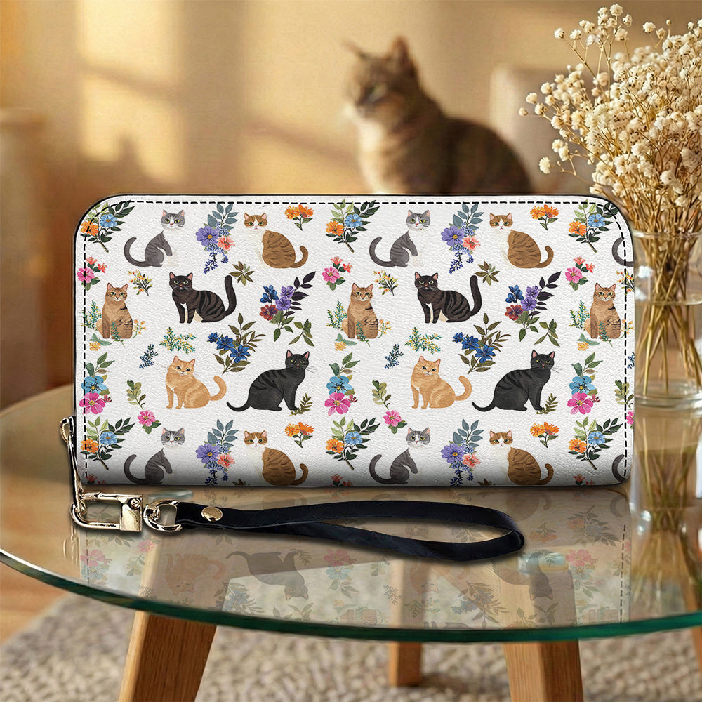 Cat Lover Leather Wallet Cute Floral Cats