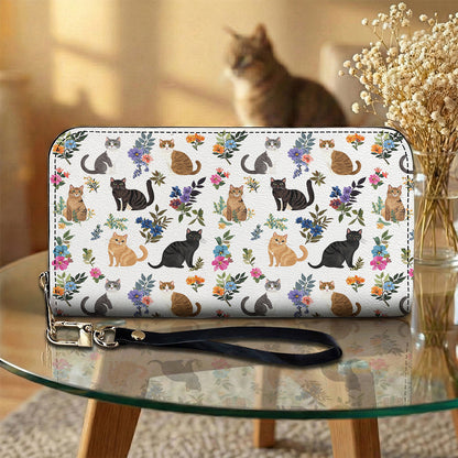 Cat Lover Leather Wallet Cute Floral Cats