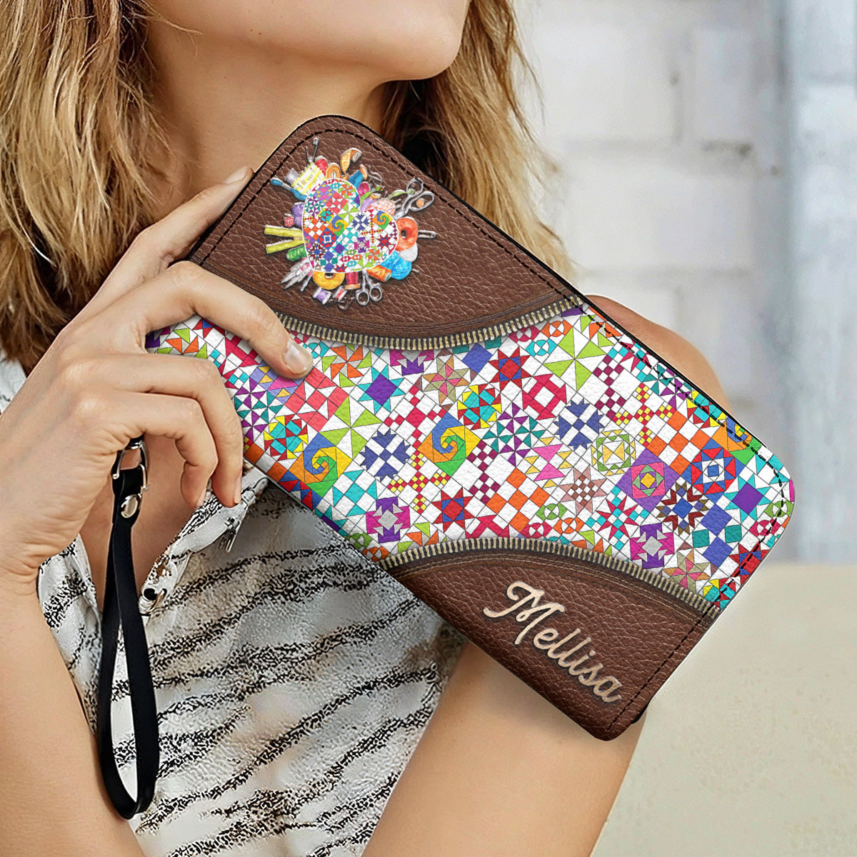 Sewing Lover Leather Wallet Personalized ColorBust Quilt Blocks