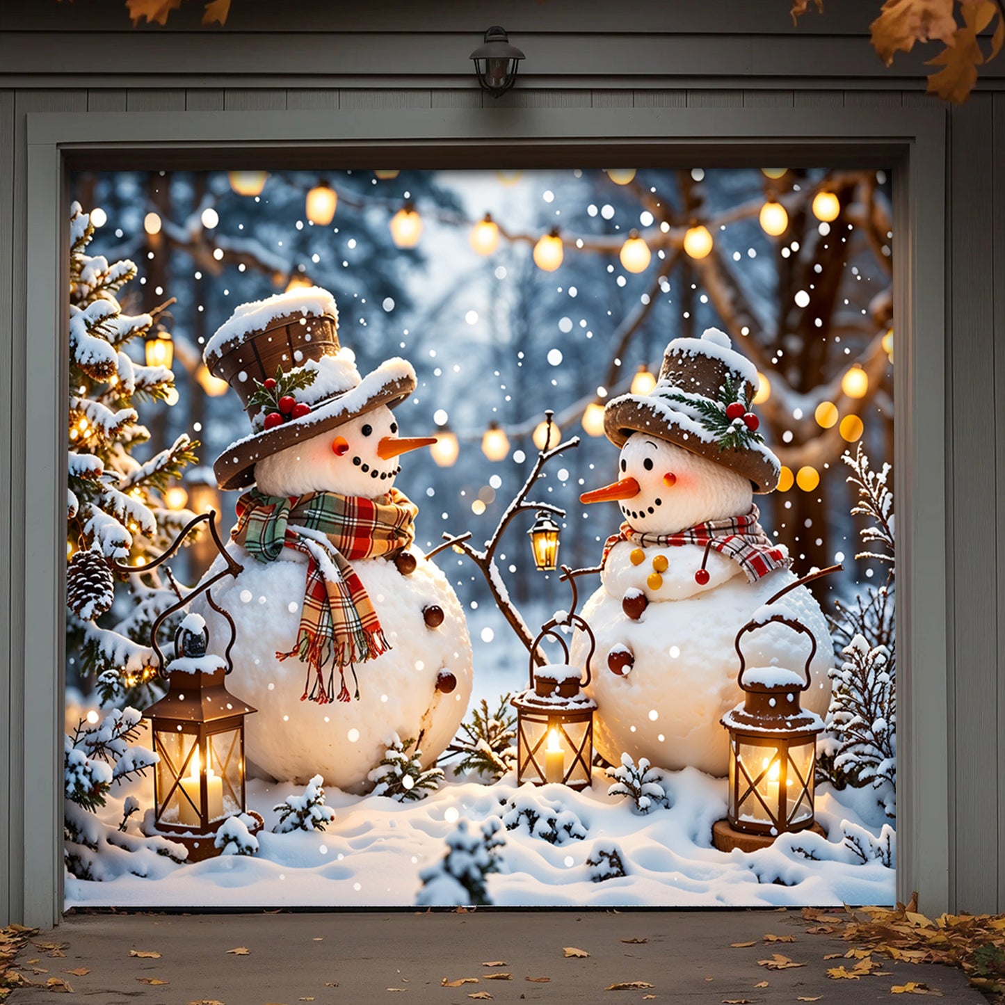 Christmas Garage Door Banner Decoration - Happy Snowmen’s Cozy Forest Glow