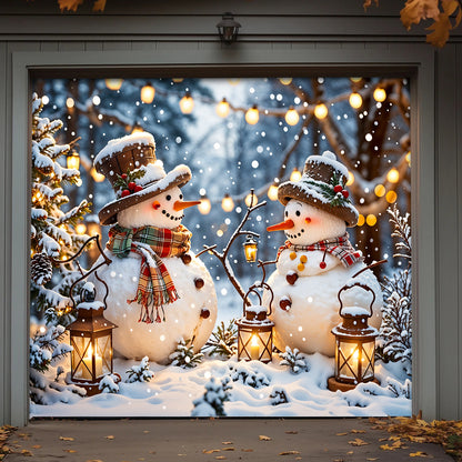 Christmas Garage Door Banner Decoration - Happy Snowmen’s Cozy Forest Glow