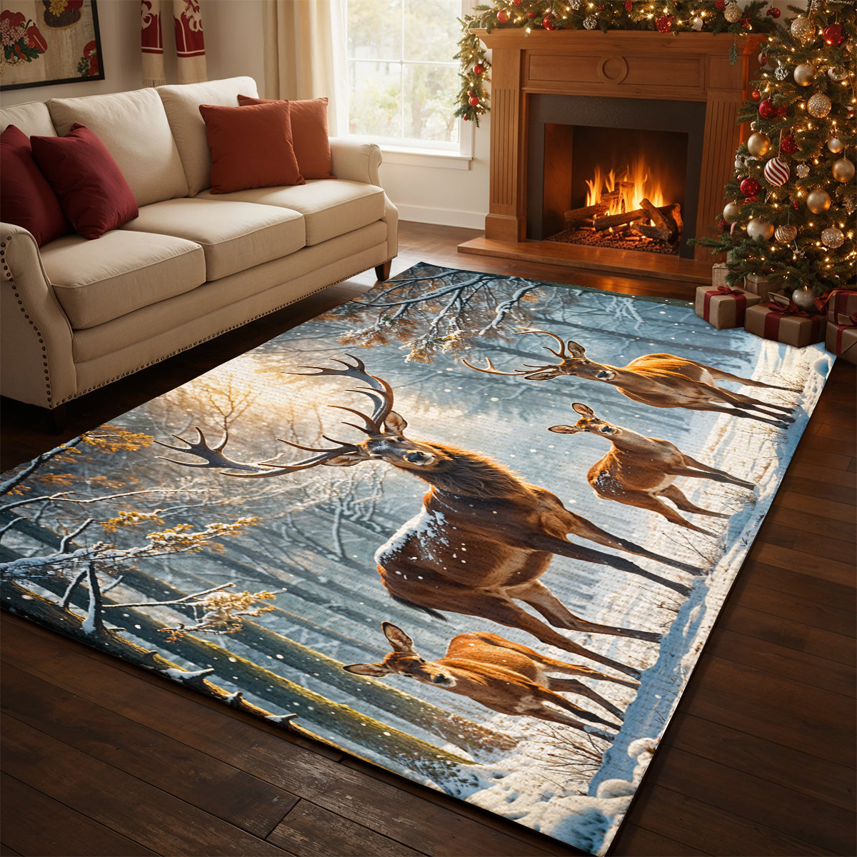 Nature Area Rug Majestic Reindeer Family in Winter Wonderland