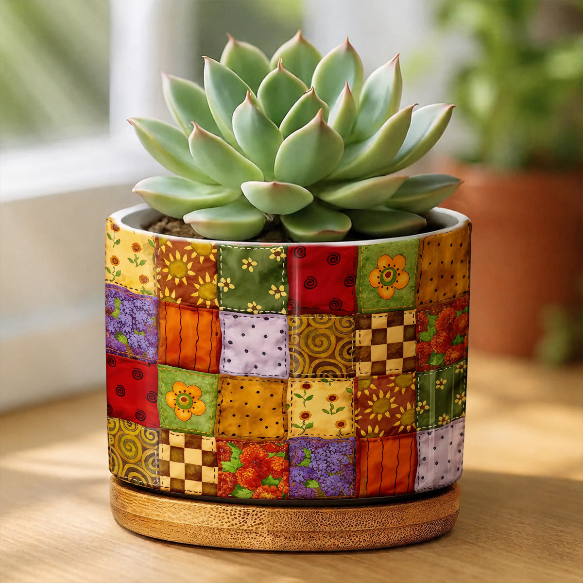 Autumn Quilt Blooms Ceramic Plant Pot with Bamboo Tray