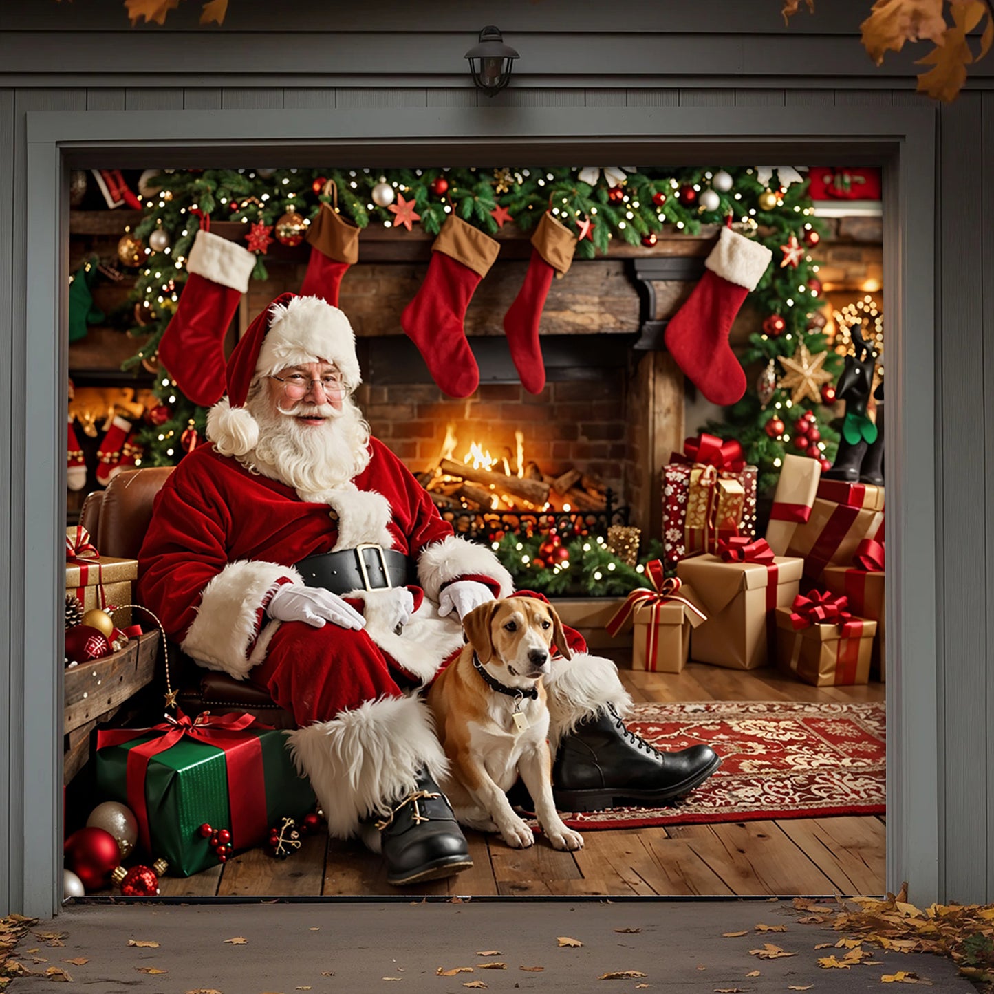 Christmas Garage Door Banner Decoration - Warm Wishes by the Fireplace