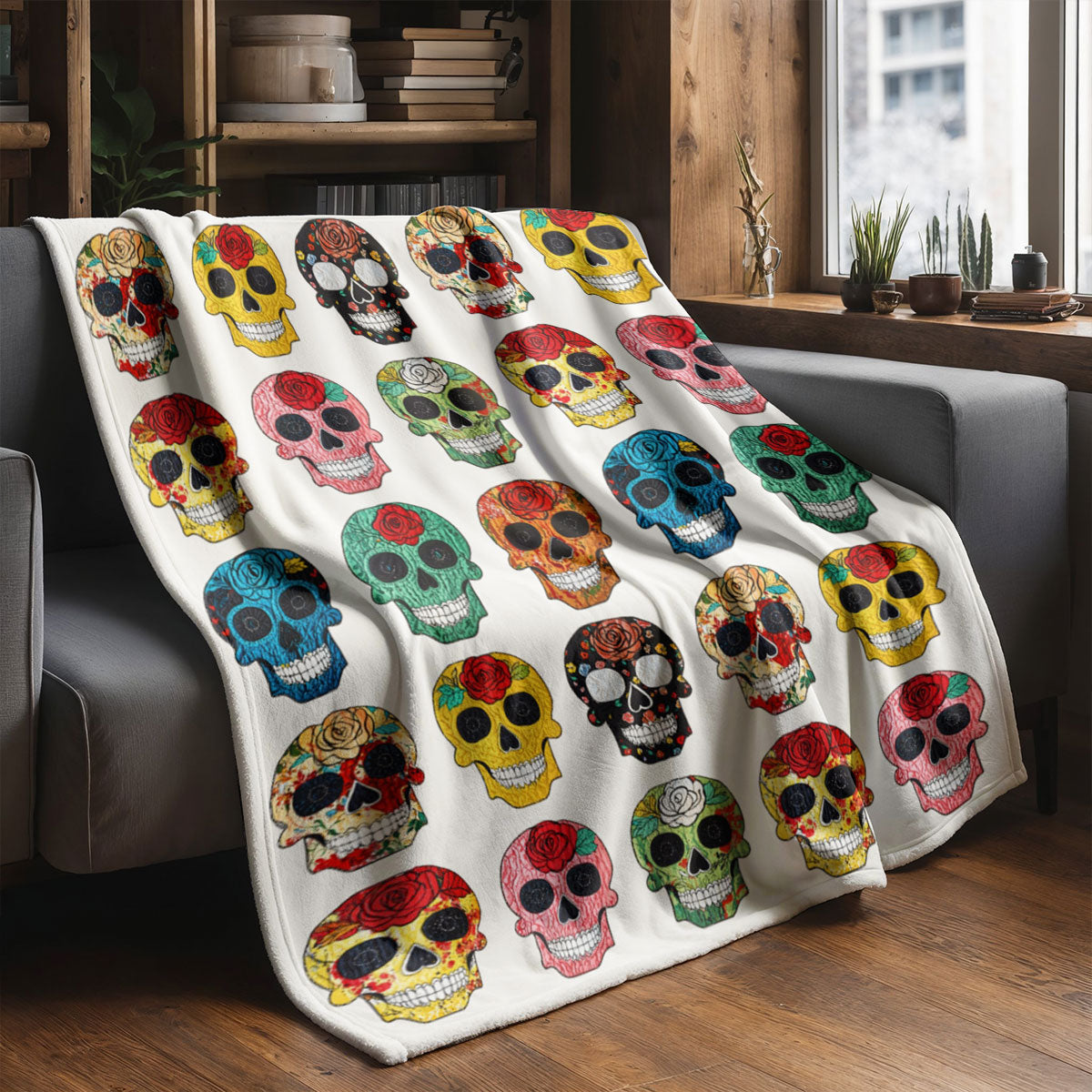 Skull Fleece Blanket Colorful Rose Sugar Skulls