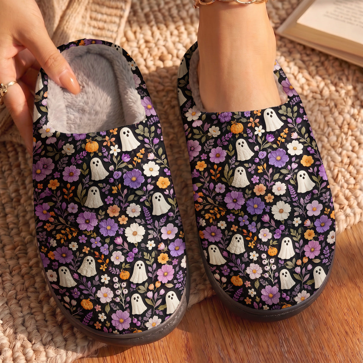 Halloween Fleece Lined Slippers Enchanted Ghost Garden