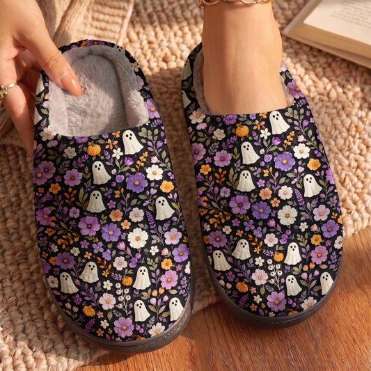 Halloween Fleece Lined Slippers Enchanted Ghost Garden