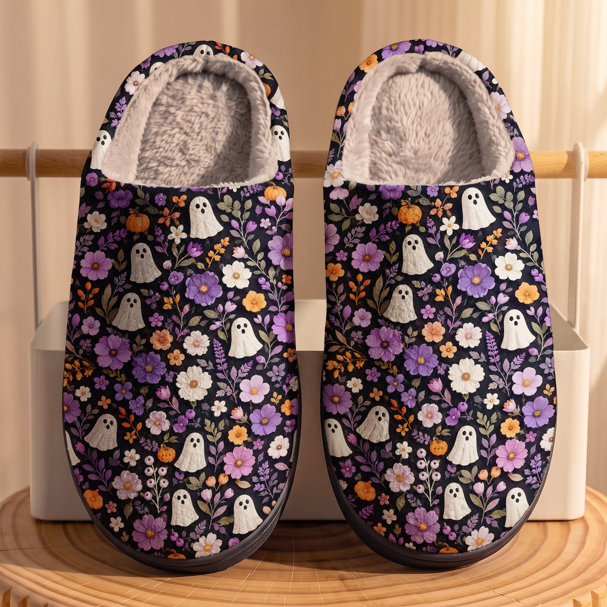 Halloween Fleece Lined Slippers Enchanted Ghost Garden