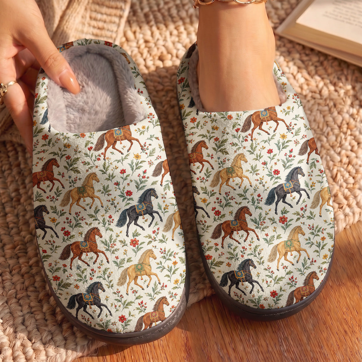 Horse Fleece Lined Slippers Wildflower Equestrian
