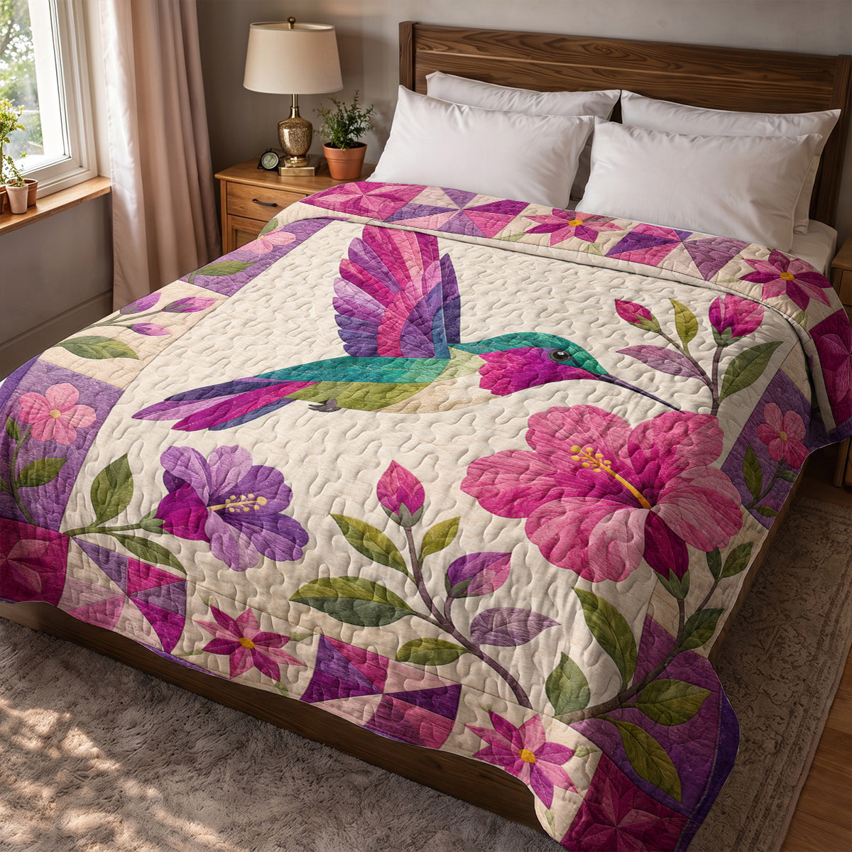 Hummingbird Quilted Blanket Hummingbird Garden Bloom
