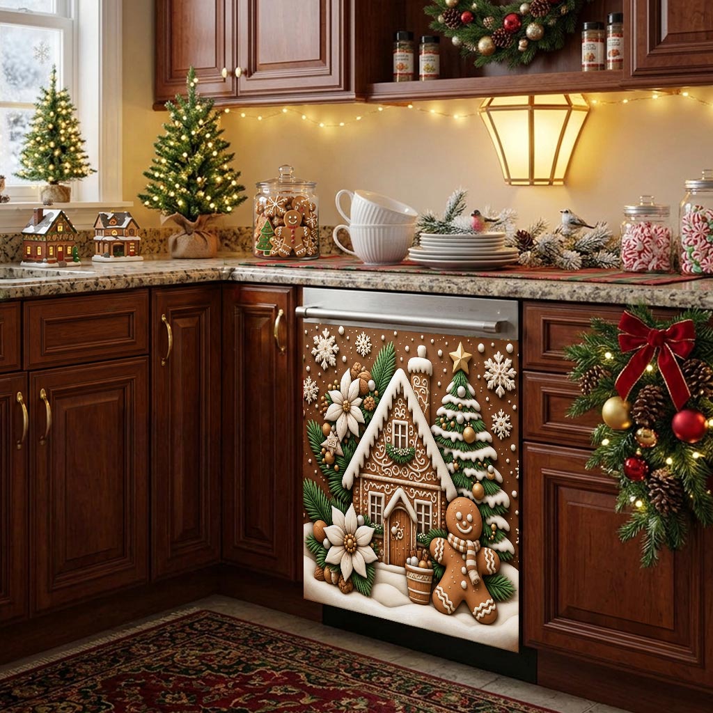 Christmas Magnetic Dishwasher Cover Gingerbread Christmas Cottage