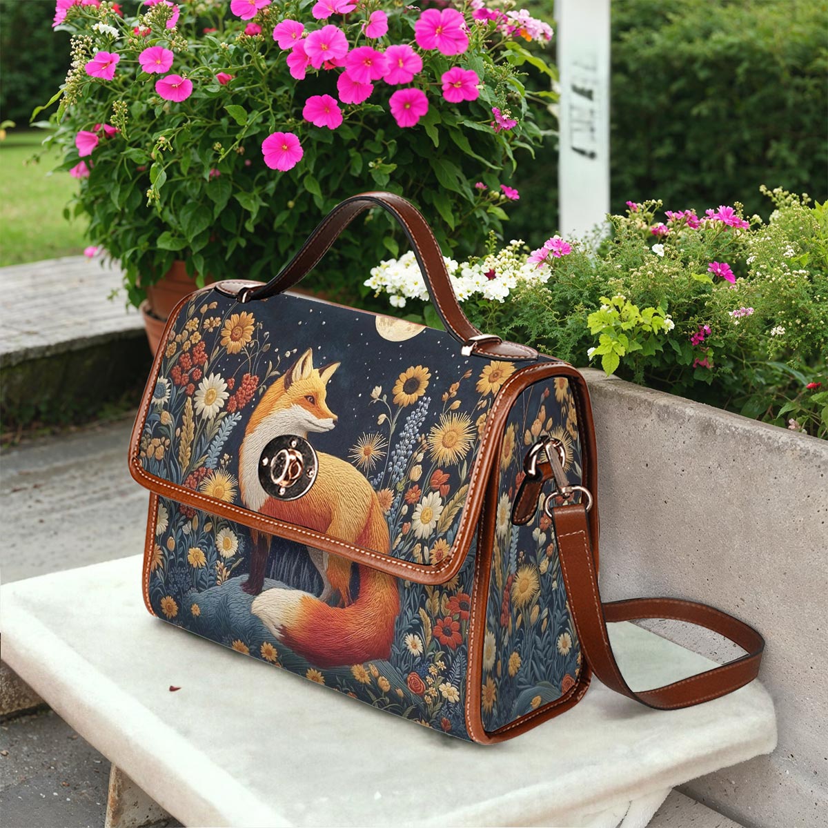 Fox Satchel Handbag Faux-Embroidered Fox Floral