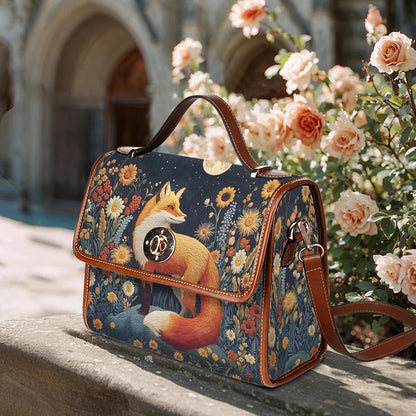 Fox Satchel Handbag Faux-Embroidered Fox Floral