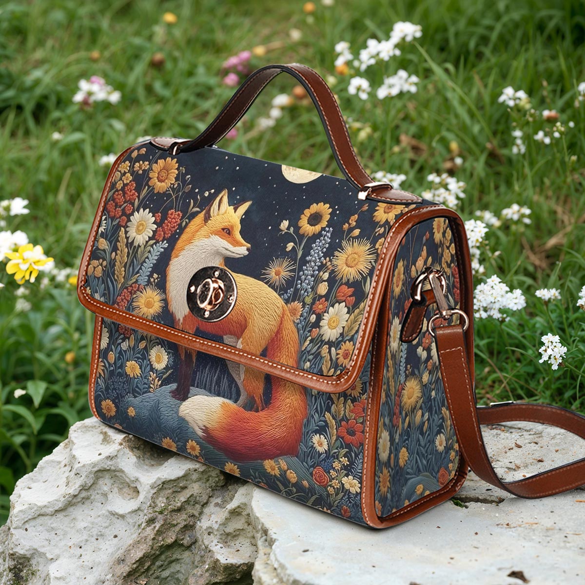 Fox Satchel Handbag Faux-Embroidered Fox Floral