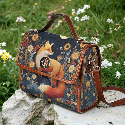 Fox Satchel Handbag Faux-Embroidered Fox Floral