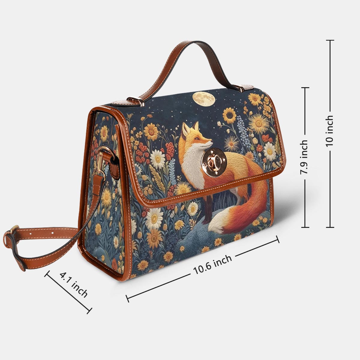 Fox Satchel Handbag Faux-Embroidered Fox Floral