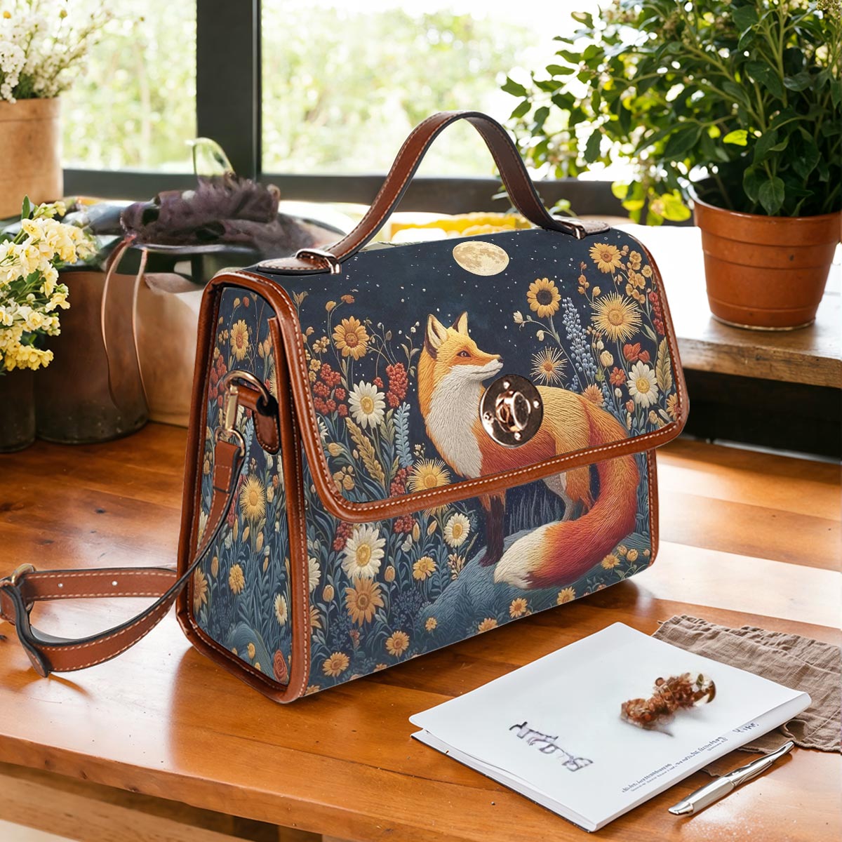 Fox Satchel Handbag Faux-Embroidered Fox Floral