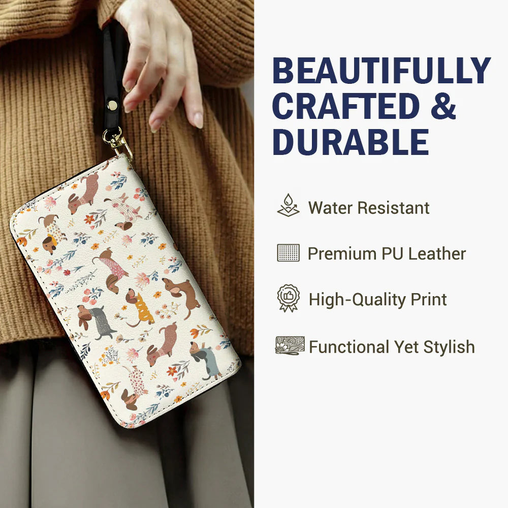 Dachshund Leather Wallet Happy Field Flowers